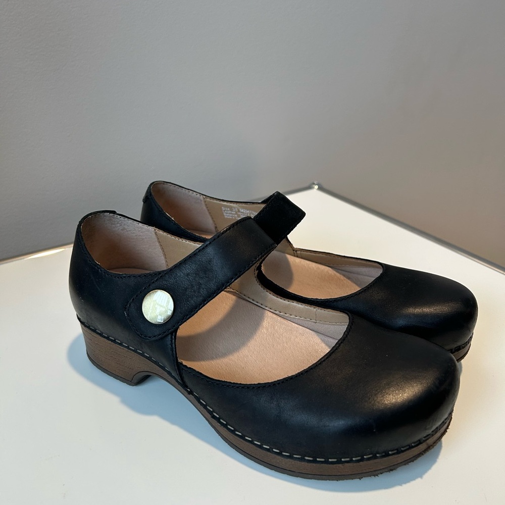 Dansko Black Leather Mules with Wooden Sole
